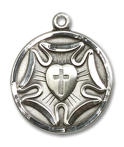 Extel Medium Sterling Silver Round Lutheran Rose Medal Pendant Charm