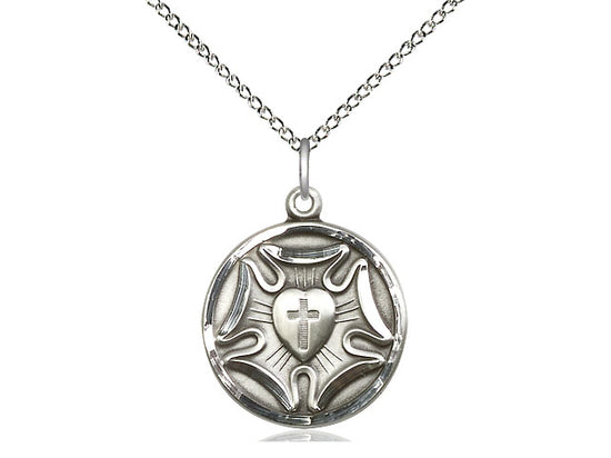 Extel Medium Sterling Silver Round Lutheran Rose Medal Pendant Charm Necklace