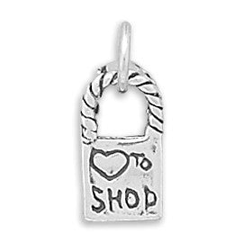 Oxidized Sterling Silver Love To Shop Reversible Bag Charm, Made in USA