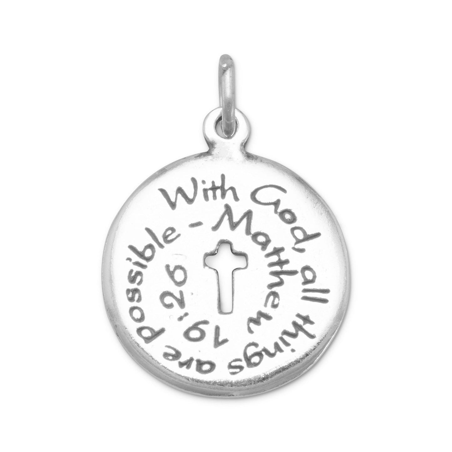 Oxidized Sterling Silver Charm with Matthew 19:26 Quote, Made in USA