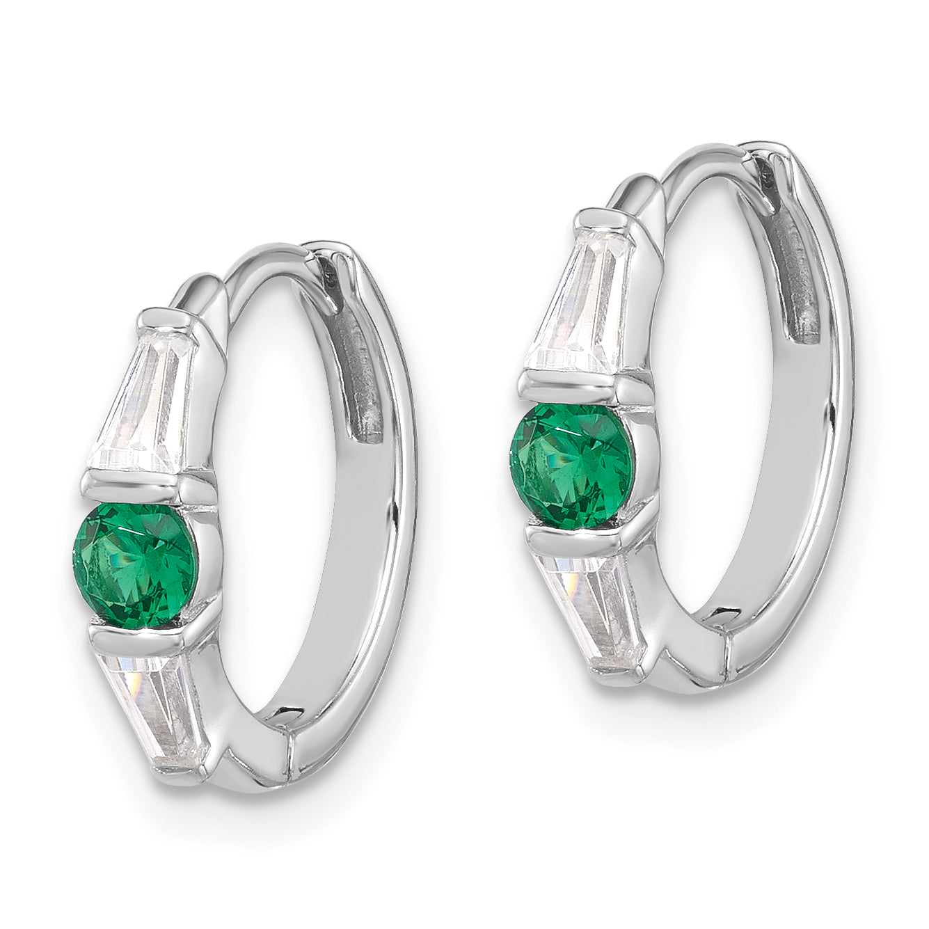 Extel Sterling Silver Rhodium-plated Green/White CZ Hinged Hoop Earrings, Huggie Hoops Earrings for Women