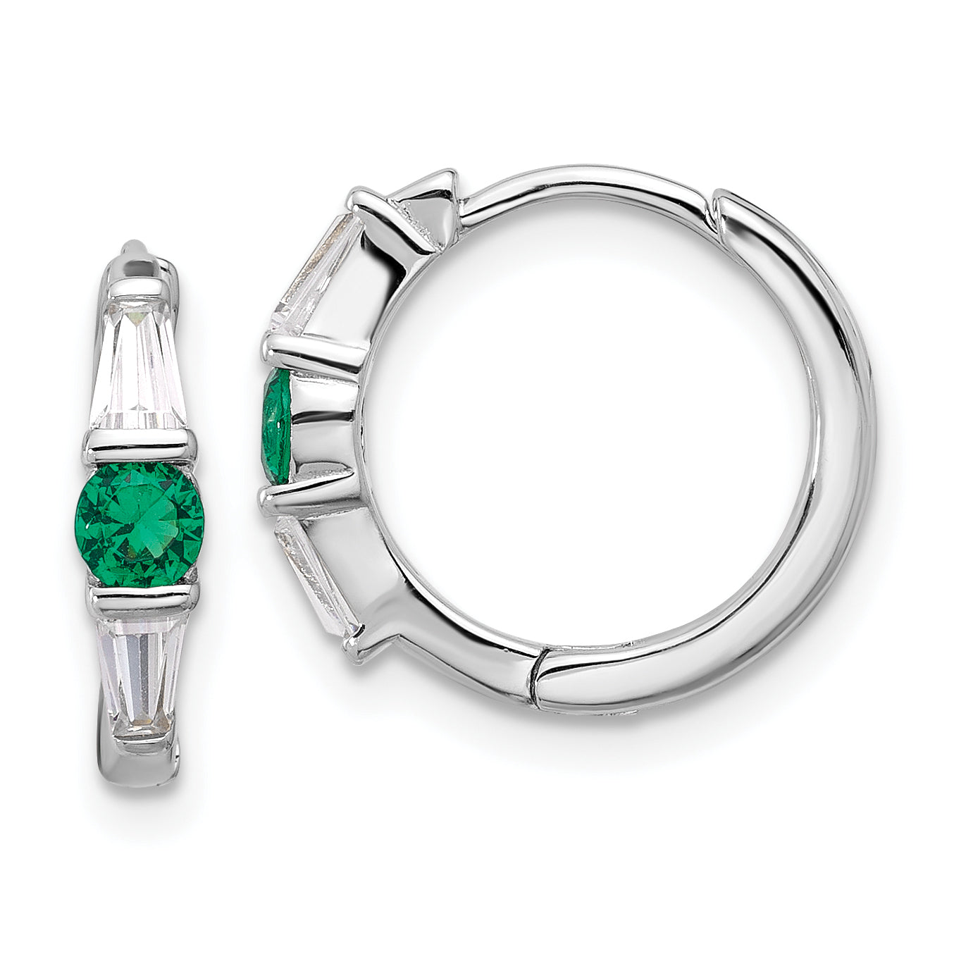 Extel Sterling Silver Rhodium-plated Green/White CZ Hinged Hoop Earrings, Huggie Hoops Earrings for Women