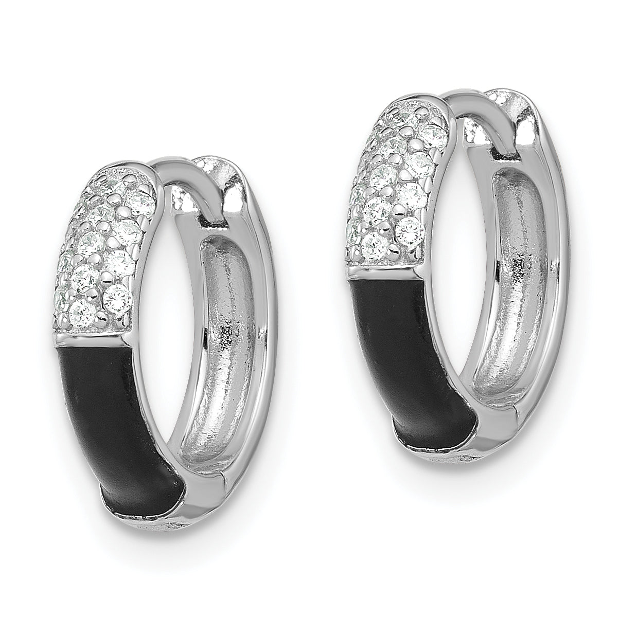 Extel Sterling Silver Flash Platinum-plated CZ Black Enamel Hoop Earrings, Huggie Hoops Earrings for Women