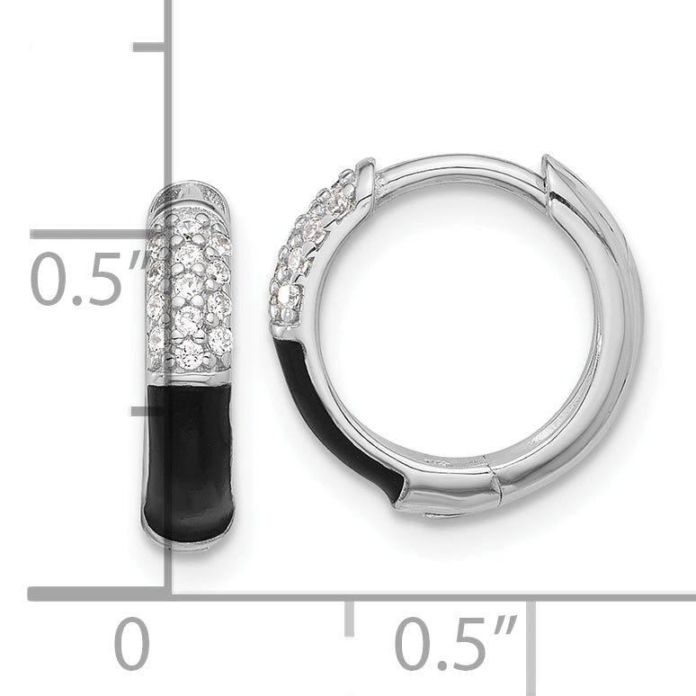 Sterling Silver Black RH-plated Black CZ Hinged Round Hoop Earrings