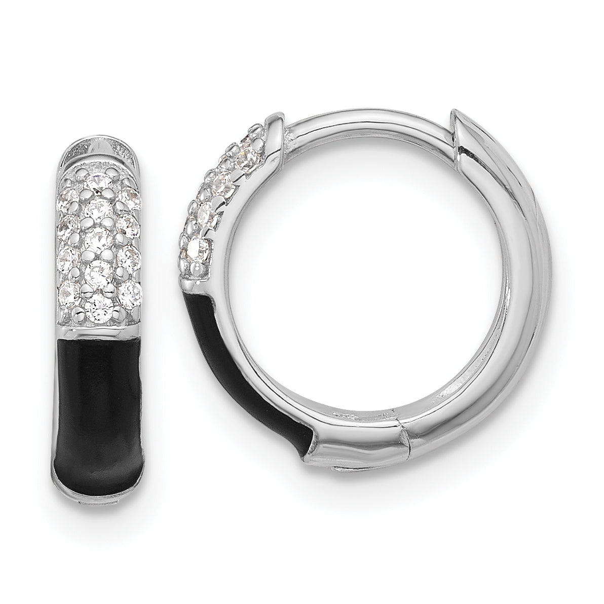 Extel Sterling Silver Flash Platinum-plated CZ Black Enamel Hoop Earrings, Huggie Hoops Earrings for Women