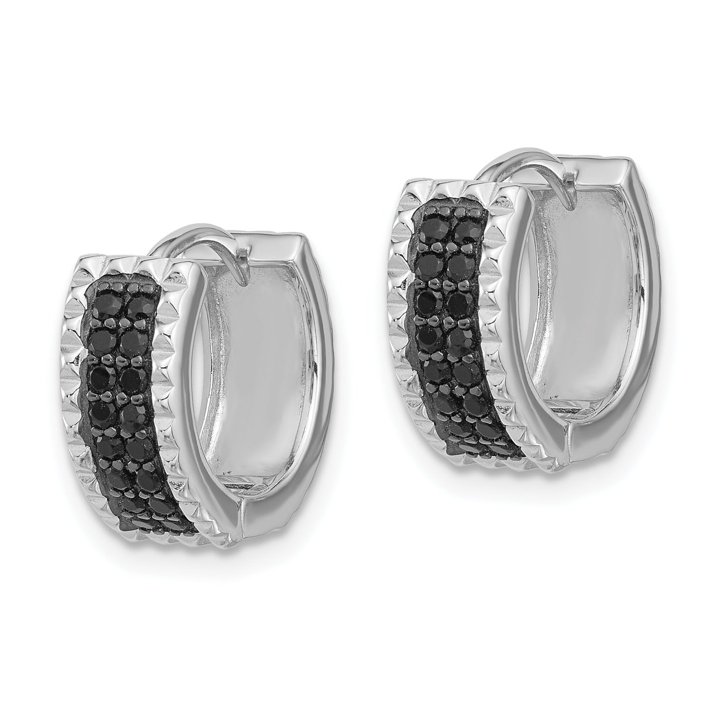 Extel Sterling Silver Rhodium-plated Polished/Studded Black Spinel Hinged Hoop Earrings, Huggie Hoops Earrings for Women