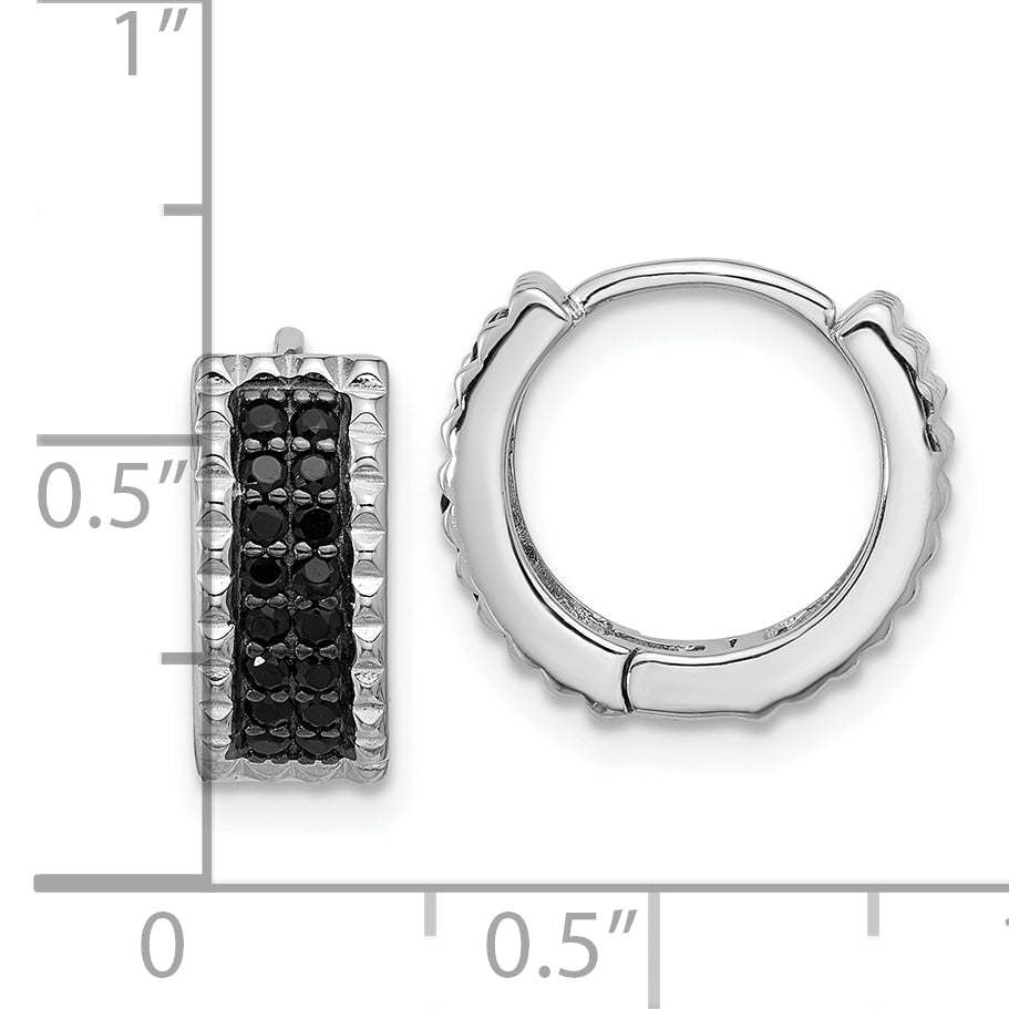 Sterling Silver RH-plated Polished CZ Cross Hinged Round Hoop Earrings