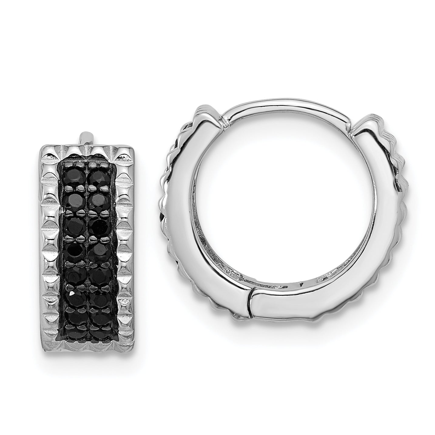 Extel Sterling Silver Rhodium-plated Polished/Studded Black Spinel Hinged Hoop Earrings, Huggie Hoops Earrings for Women