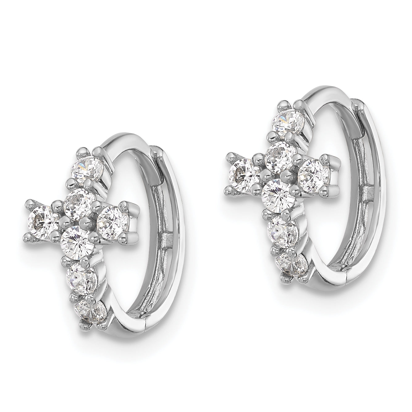 Extel Sterling Silver Rhodium-plated Polished CZ Cross Hinged Round Hoop Earrings, Huggie Hoops Earrings for Women