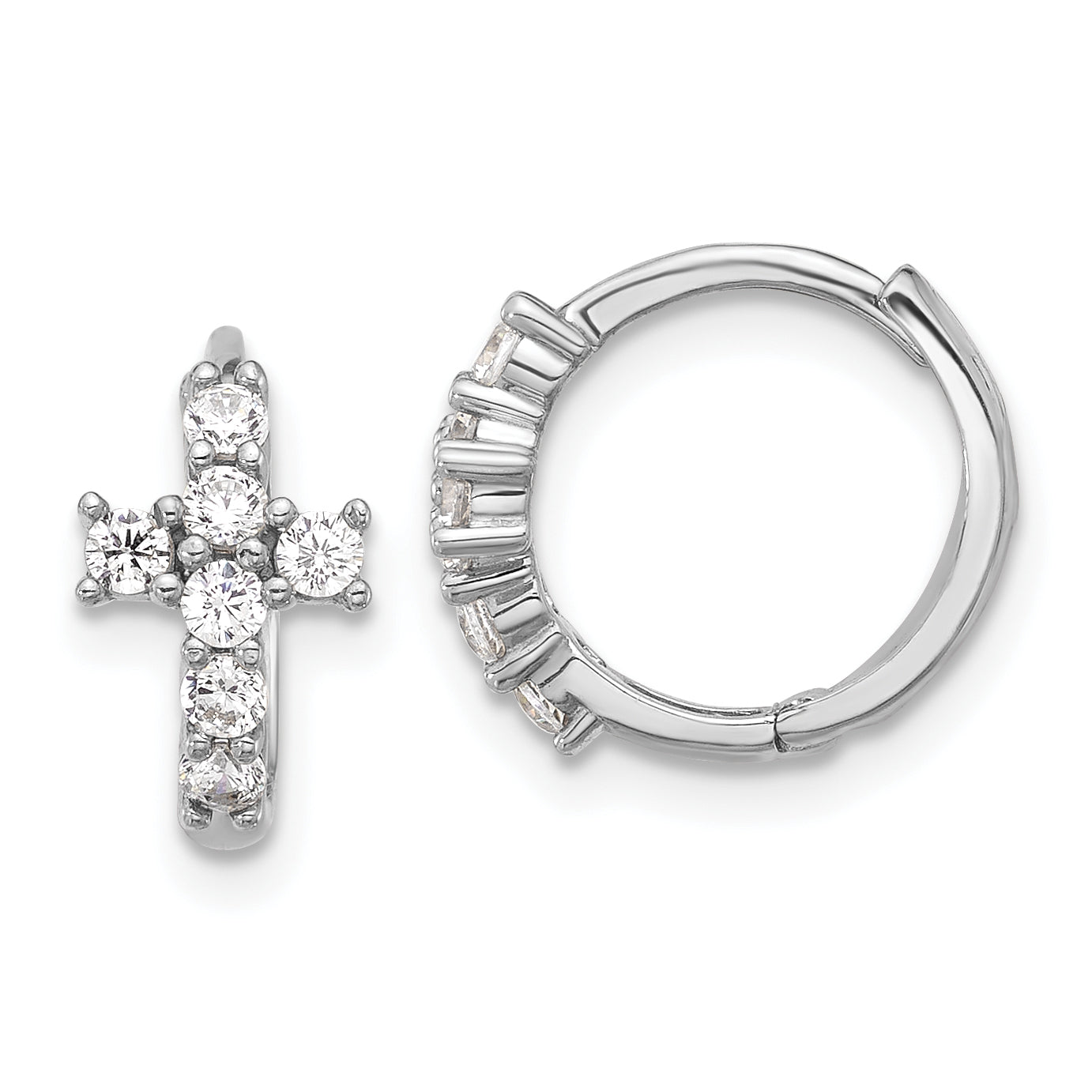 Extel Sterling Silver Rhodium-plated Polished CZ Cross Hinged Round Hoop Earrings, Huggie Hoops Earrings for Women