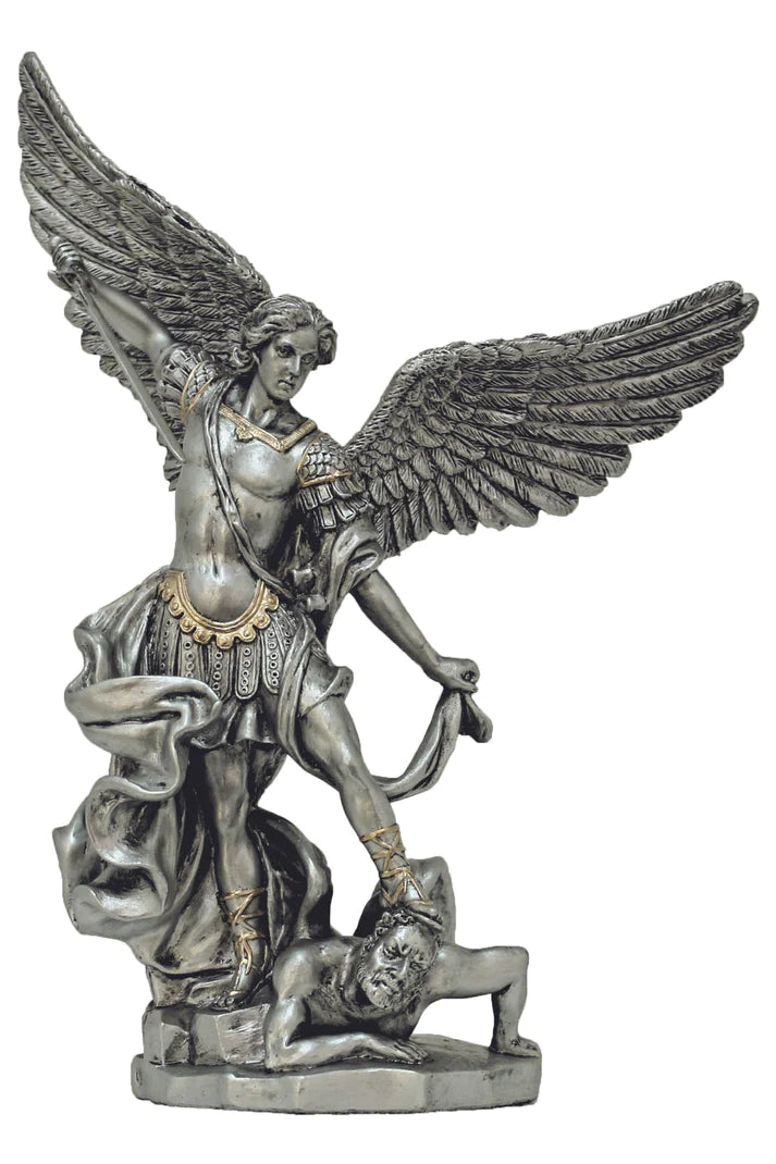 St. Michael Statue Pewter Finish with Gold Trim