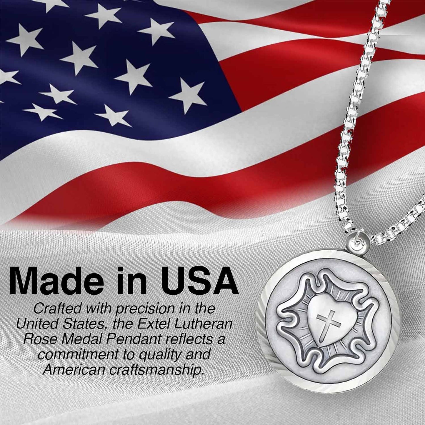 Extel Large Nickel Silver Round Lutheran Rose Medal Pendant for Men with 24" chain