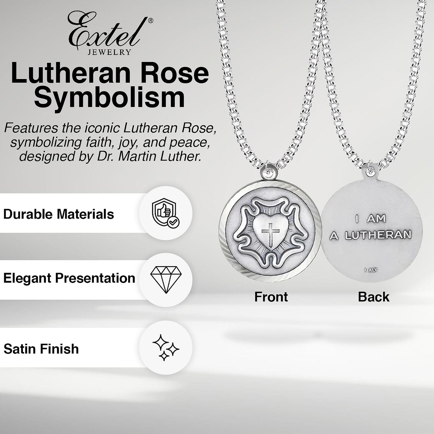 Extel Large Nickel Silver Round Lutheran Rose Medal Pendant for Men with 24" chain