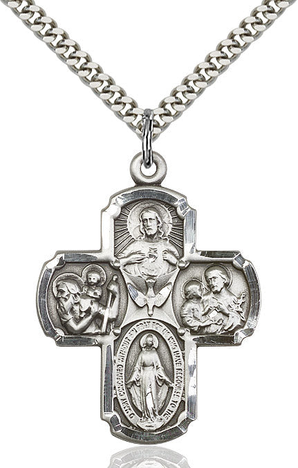 Extel Large Sterling Silver Traditional Catholic 5-Way Cross Cruciform Pendant with 24" chain