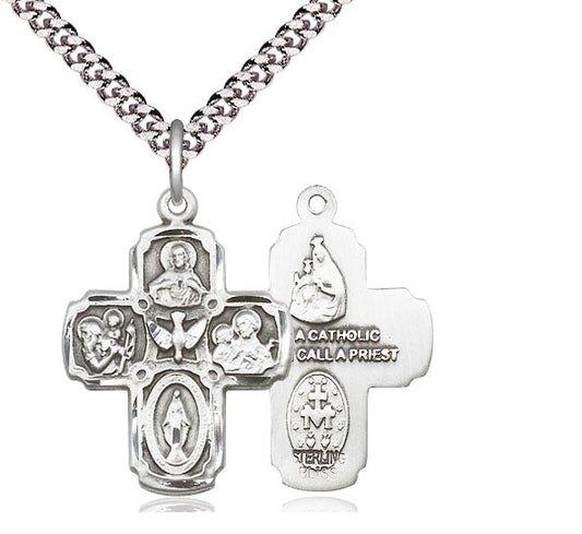 Extel Large Sterling Silver Traditional Catholic 5-Way Cross Cruciform Pendant with 24" chain