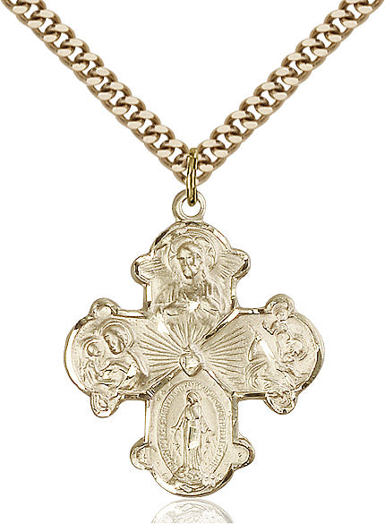 Extel Large 14kt Gold Filled Traditional Catholic 4-Way Cross Cruciform Pendant with 24" chain