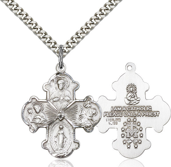 Extel Large Sterling Silver Traditional Catholic 4-Way Cross Cruciform Pendant with 24" chain