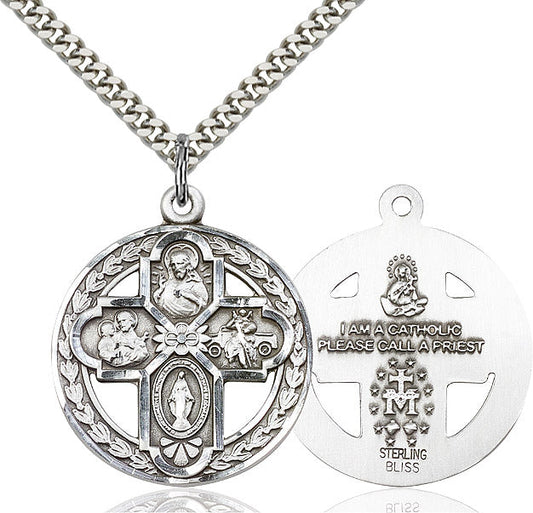 Extel Large Sterling Silver Traditional Catholic 4-Way Cross Cruciform Pendant with 24" chain