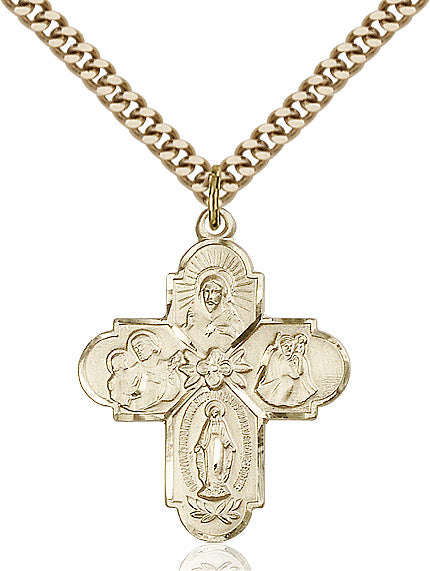 Extel Large 14kt Gold Filled Traditional Catholic 4-Way Cross Cruciform Pendant with 24" chain