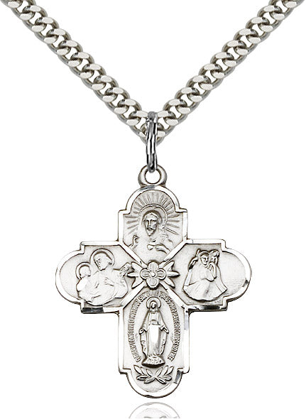 Extel Large Sterling Silver Traditional Catholic 4-Way Cross Cruciform Pendant with 24" chain