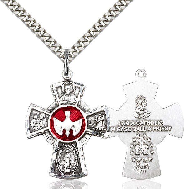 Extel Large Sterling Silver Traditional Catholic 5-Way Cross Cruciform Pendant with 24" chain