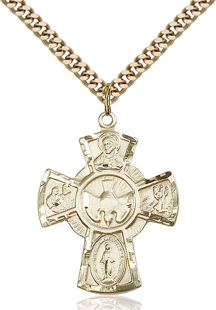 Extel Large 14kt Gold Filled Traditional Catholic 5-Way Cross Cruciform Pendant with 24" chain