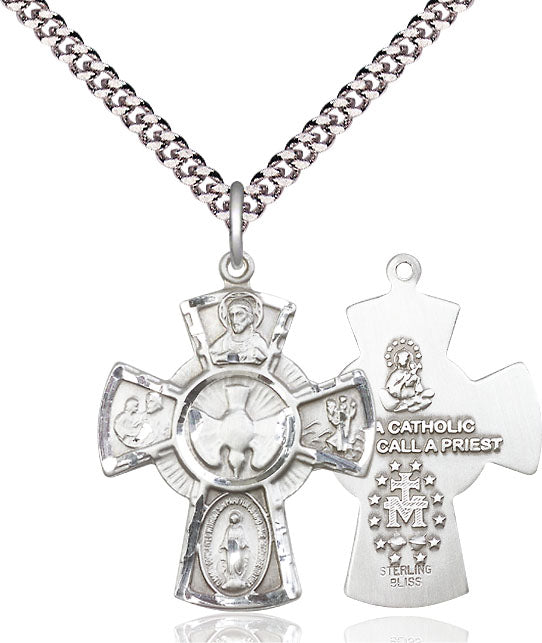 Extel Large Pewter Traditional Catholic 5-Way Cross Cruciform Pendant with 24" chain