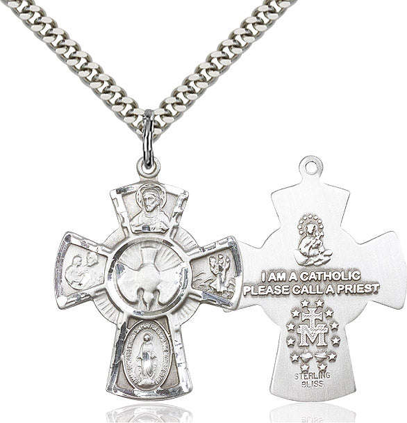 Extel Large Sterling Silver Traditional Catholic 5-Way Cross Cruciform Pendant with 24" chain