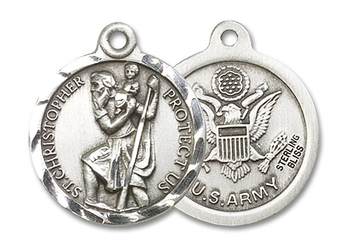 Extel Round Medium Sterling Silver St Christopher Army Medal, Made in USA