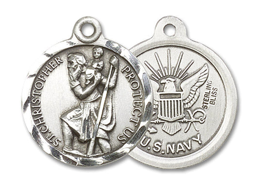 Extel Round Medium Sterling Silver St Christopher Navy Medal, Made in USA