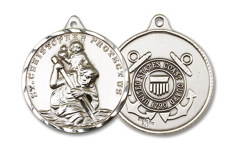 Extel Round Large Sterling Silver St Christopher Coast Guard Medal, Made in USA