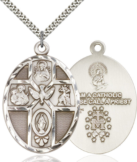 Extel Large Pewter Traditional Catholic 5-Way Cross Cruciform Holy Spirit Pendant with 24" chain