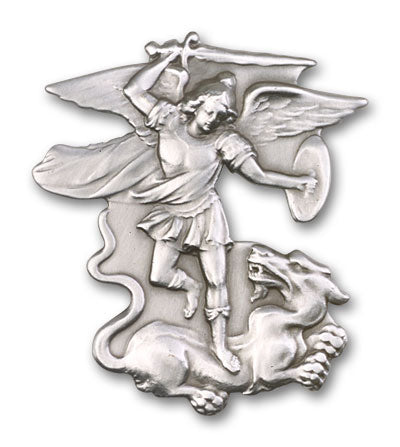 St. Michael Auto Sun Visor Clip for Car Truck Driver, Antique Silver Finish, Made in USA