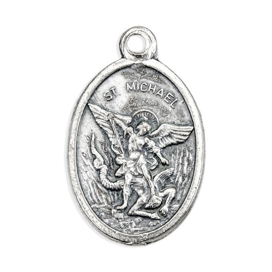 Small Oval Saint Michael and Guardian Angel Silver Oxidized Medal Charm, Pack of 5 Medals