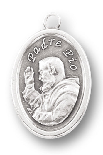 Small Oval Saint Padre Pio - Pray for Us Silver Oxidized Medal Charm, Pack of 5 Medals