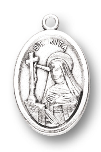 Small Oval Saint Rita - Pray for Us Silver Oxidized Medal Charm, Pack of 5 Medals