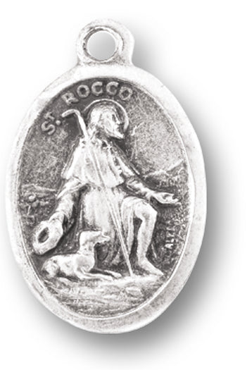 Small Oval Saint Rocco - Pray for Us Silver Oxidized Medal Charm, Pack of 5 Medals