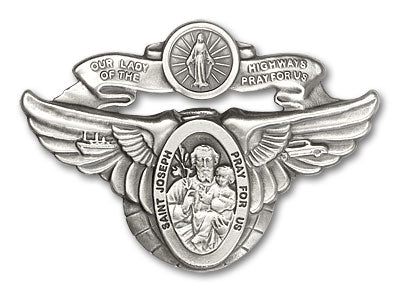 Our Lady of The Highway / St. Joseph Auto Sun Visor Clip for Car Truck Driver, Antique Silver Finish, Made in USA