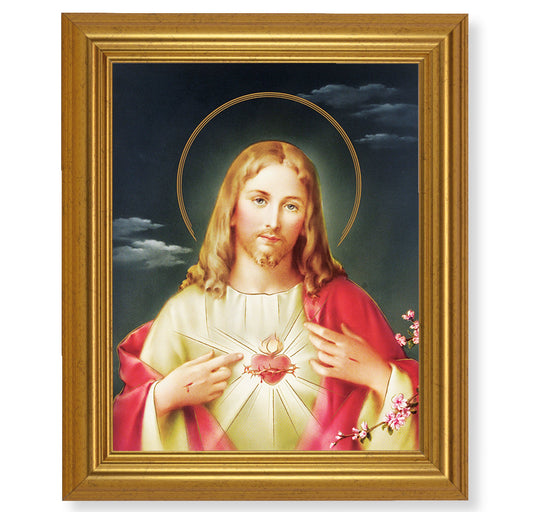 Sacred Heart of Jesus Picture Framed Wall Art Decor, Large, Antique Gold-Leaf Classic Frame