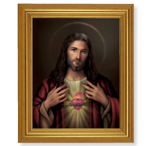 Sacred Heart of Jesus Picture Framed Wall Art Decor, Large, Antique Gold-Leaf Classic Frame