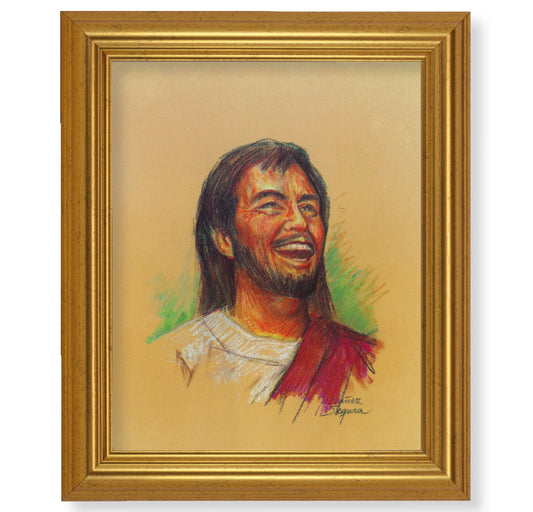 Laughing Jesus Picture Framed Wall Art Decor, Large, Antique Gold-Leaf Classic Frame