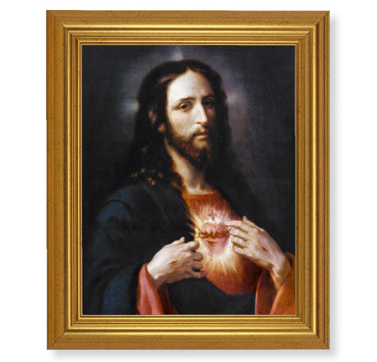 Sacred Heart of Jesus Picture Framed Wall Art Decor, Large, Antique Gold-Leaf Classic Frame