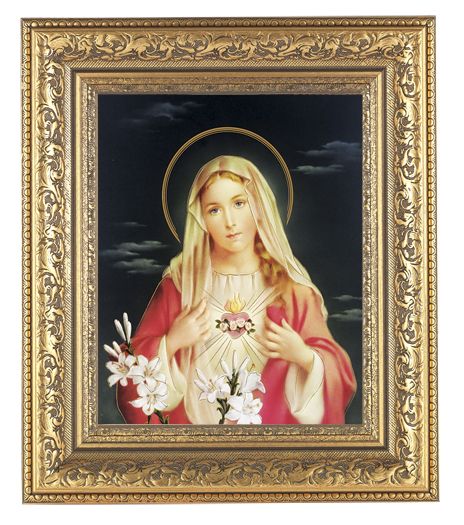 Immaculate Heart of Mary Picture Framed Wall Art Decor, Large, Gold-Leaf Acanthus-Leaf Carvings Ornate Frame