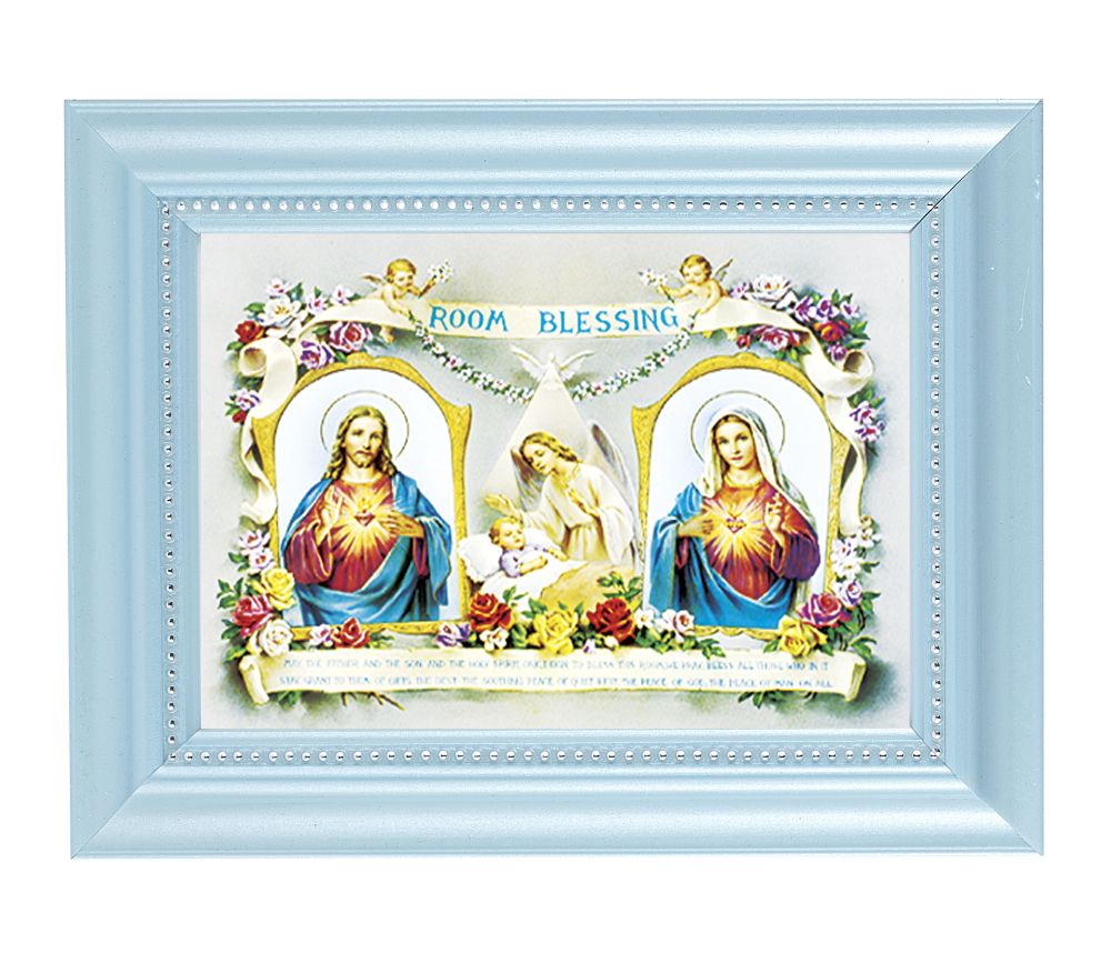 Baby Room Blessing Picture Framed Wall Art Decor Small, Pearlized Fluted Baby Blue Frame with Beaded Lip
