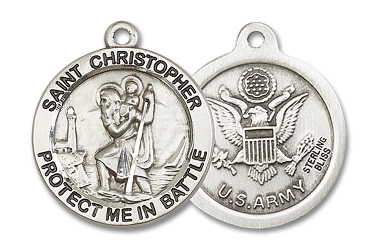 Extel Round Large Sterling Silver St Christopher Army Medal, Made in USA