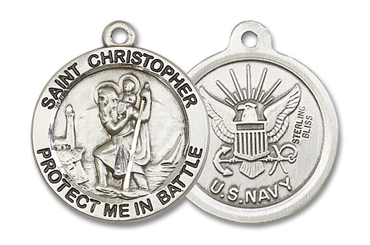 Extel Round Large Sterling Silver St Christopher Navy Medal, Made in USA