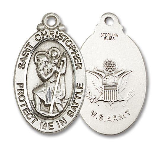 Extel Oval Large Sterling Silver St Christopher Army Medal, Made in USA