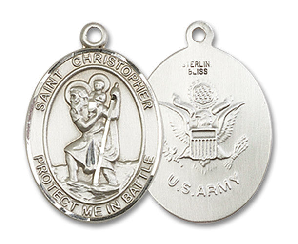 Extel Oval Medium Sterling Silver St Christopher Army Medal, Made in USA