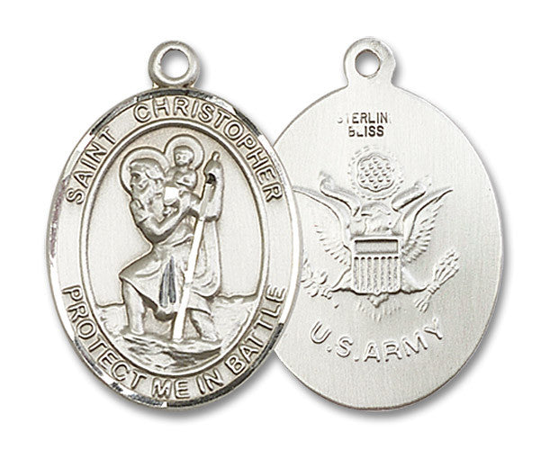 Extel Oval Large Sterling Silver St Christopher Army Medal, Made in USA