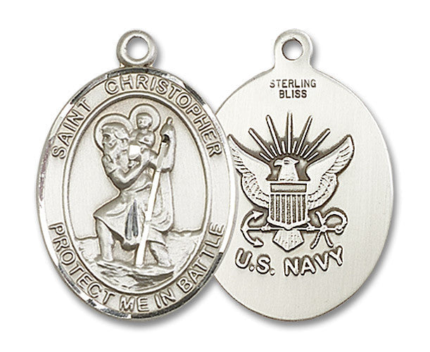 Extel Oval Large Sterling Silver St Christopher Navy Medal, Made in USA